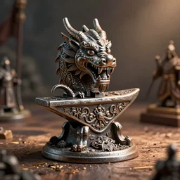 a decorative dwarven forge carved like a dragon head with a detailed ornamental iron anvil, cinematic, medieval, realistic, tabletop miniatures!!!!!!!, product photos!!!!!! by greg rutkowski, craig mullins, archvillain, blizzard, hearthstone, wotc