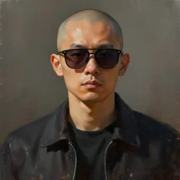 bald chinese boy with sunglasses cinematic concept art painting brush strokes