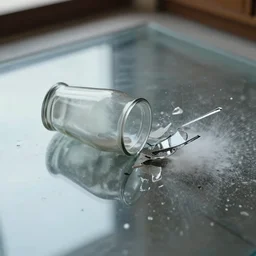 slowmo trail capture of a vase crashing against the glass floor. vase is sharp and crashed. vase pieces flying everywhere