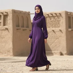 low shot photo of feminine and lean arab woman wearing a long purple dress, wearing burqa, strutting, with najdi mud houses in the background, in the style of annie leibovitz amd steve meiele
