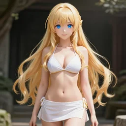 a very beautiful young anime jedi girl, full body, long wavy blond hair, sky blue eyes, full round face, short smile, bikini, miniskirt, front view, mid - shot, highly detailed, cinematic wallpaper by stanley artgerm lau