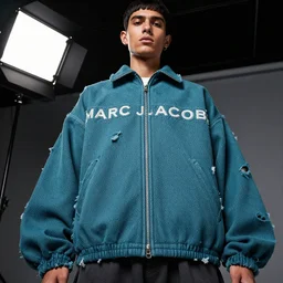 an award - winning closeup photo of a male model wearing a baggy teal distressed medieval cloth menswear jacket by marc jacobs, 4 k, studio lighting, wide angle lens