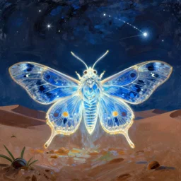 close up of the glowing moth man of the namibian desert. medieval comet. a symphony in blue and white. painting by audubon, henri rousseau, yves yanguy, monet, arcimboldo