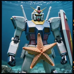 Kodak portra 160, 8K, highly detailed, portrait, starfish pose, focus on steel armour: famous gundam in low budget movie remake, underwater scene