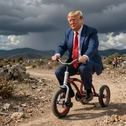Donald Trump attempting to ride a tiny tricycle