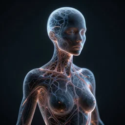 a mesh female form composed of dark neurons and veins, see - through, subsurface illumination, cinematic, octane rander, photograph, 3 d, detail, character concept, portrait, dramatic lighting