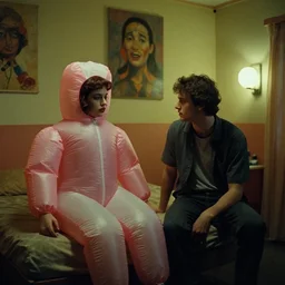 still from a 1994 arthouse film about a depressed housewife dressed as a squishy inflatable toy who meets a handsome younger man in a seedy motel room, color film, 16mm soft light, weird art on the wall