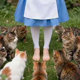 alice in wonderland showing her bare feet to all the cats surrounding her