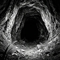 overgrown cave, deep abyss cave manga background black and white, in style of made in abyss, no humans,