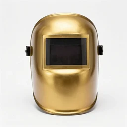 golden welding mask, studio product photography, isolated on a pure white background, centered, entire object in frame, sharp focus, soft studio lighting