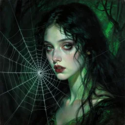 a beautiful terrifying painting, dark gothic, close up woman in a spider web, green, and black hues by raymond swanland, gaston bussiere craig mullins alphonse mucha basil gogos norman rockwell takato yamamoto, wlop, moebius syd mead roger dean