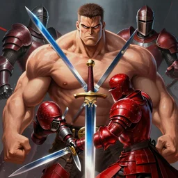 Anime Strongman with the power to level up, a blue and red dagger, fighting a knight in red armor, detailed, centered, digital painting, artstation, concept art, donato giancola, Joseph Christian Leyendecker, WLOP, Boris Vallejo, Breathtaking, 8k resolution, extremely detailed, beautiful, establishing shot, artistic, hyperrealistic, beautiful face, octane render, cinematic lighting, dramatic lighting, masterpiece
