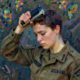 a female israel defence force soldier pressing a staple gun to her own head and looking depressed by monet