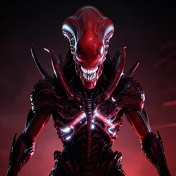 portrait of an intimidating glowing scary giant, face and skin is dark red, glowing eyes, glowing veins of white, hero, villain, concept art, xenomorph centered