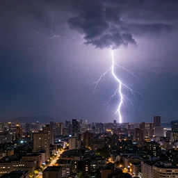 a realistic photo of a city at night with a thunderstorm and several lightnings in the sky, lot of detail and light, highly detailed, ultra realistic, 8 k