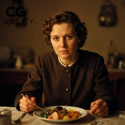 1 9 7 9 a soviet movie still a russian woman sitting at a table with a plate of food in dark warm light, a character portrait by nadya rusheva, featured on cg society, neo - fauvism, movie still, 8 k, fauvism, cinestill, bokeh, zenit 3 5 mm slr