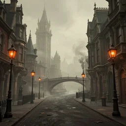a retrowave digital art of a victorian - era street with tall and intricate buildings, a bridge, a river, beautiful digital art, filthy, volumetric lighting, thick smog, steam, orange street lamps, highly detailed, professional, washed out colors