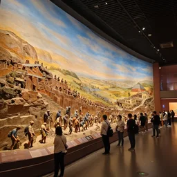 megalophobia!!!!! photo of an exhibit museum room, people looking at a huge tri - dimensional diorama depicting the full history of humanity, national art museum, scientific, ethereal, rule of thirds