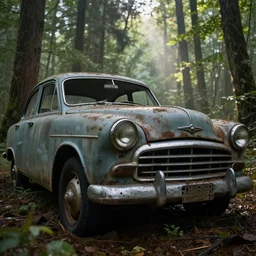 abandoned old retro car closeup in the forest, macro, detailed, huge scene, concept art, beautiful, art greg rutkowski, low angle, high detail, godrays, cinematic view, volumetric, trending on artstation, by jordan grimmer