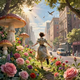 portrait of a victorian woman running up a hill of exotic flowers, giant mushrooms, and roses, from behind, streets, birds in the sky, sunlight and rays of light shining through trees, tall buildings on the sides, beautiful, solarpunk!!!, highly detailed, digital painting by Michael Garmash and Peter Mohrbacher