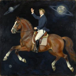 An impressionist painting of Carl Bildt riding a horse in space