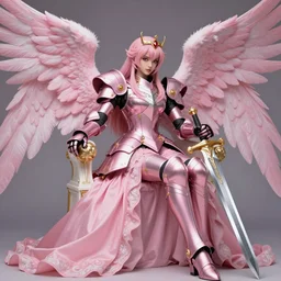 gorgeous!! hyper - realistic princess wearing ornate pink knight armor, angel wings, angemon, dress + full plate armor l sitting at the thrown, holding a long sword | divine, elegant, ethereal, heavenly | illustration, intricate, high detail, ultra graphics, daz | drawn by wlop, drawn by jeehyung lee, drawn by artgerm