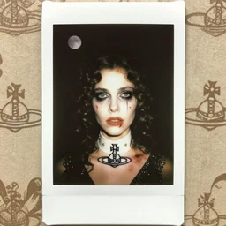 an instant photo of a beautiful but creepy woman in dead space, with haunted eyes and curly hair, wearing a vivienne westwood collar, 1 9 7 0 s, seventies, wallpaper, a little blood, moonlight showing injuries, delicate embellishments, painterly, offset printing technique, by mary jane ansell