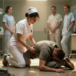 epic masterpiece of cinematographic hyperrealism where a nurse and a patient appear in the knee - chest position. realistic shaded lighting poster by craig mallismo, artgerm, jeremy lipkin and michael garmash, unreal engine, radiant light, detailed and intricate environment, digital art, art station trends