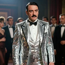 A movie still of Mussolini wearing a disco suit in Satuday Night Fever