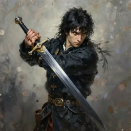 fantasy painting of Elric wielding a plain black sword, painted by Bayard Wu, ultra detailed, 8k