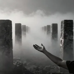 arm reaching out of thick fog, symetrical rows of tall stone blocks in far distance, intricate zdzislaw beksinski