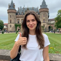 casual photograph of a woman giving a thumbs up in front of the castle of marburg hesse, with the poise and appearance and clothing of the ( ( ( ( ( ( ( ( mona lisa ) ) ) ) ) ) ) ), taken in 2 0 1 9 with a digital camera, full color, head shot