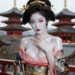 glamorous and sexy Geisha portrait in an ancient japanese temple, beautiful pale makeup, pearlescent skin, seductive eyes and face, elegant, lacivious pose, very detailed face, highly detailed kimono, ancient japanese temple on the background, photorealism, portrait by Magali Villeneuve and Steve Argyle,Livia Prima,Mucha,dress,fantasy art,beautiful,artstation,trending on artstation,intricate details,alluring,masterpiece