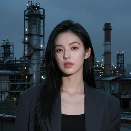 an asian woman, beautiful face, in abandoned industrial city with towering factories, fire escapes, scaffolding, smokestacks, and distant red lights at night in the rain, dark moody lighting, innocent look, post - apocalyptic, desolate, by jeremy mann and alphonse mucha, dramatic lighting, ethereal, stunning, breathtaking, awe - inspiring award - winning, 8 k