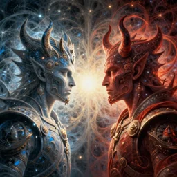 the armies of heaven and hell!!!! fantasy character portrait made of fractals!!, facing each other!!!!!!!!!!!! ultra realistic, wide angle, intricate details, the fifth element artifacts, highly detailed by peter mohrbacher, boris vallejo, craig mullins