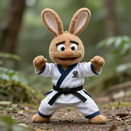 a little brown karate loving ninja bunny that is a plush muppet wearing cool ninja clothes and practicing her karate out in nature, photorealistic, photography, ambient occlusion, rtx, national geographic