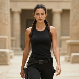 face portrait of focussed muscled Mila Kunis as young Lara Croft with pigtails hair walking out epic ancient ruins directly looking into the camera, wearing black choker, sun beams, intricate, elegant, highly detailed, centered, sharp digital painting, artstation, concept art, smooth, sharp focus, illustration, Allan Lee, John Howe
