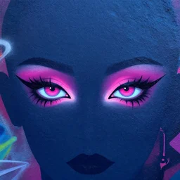 aesthetic, beautiful symmetric eyes with heavy goth makeup, cyberpunk, neon colors, flat color, minimal, large spray graffiti on a dark blue wall by famous london graffiti artist