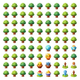 A game assets spritesheet by Rayman legends online, props, terrain, trees, and scenario assets, mobile game, vector art, very detailed