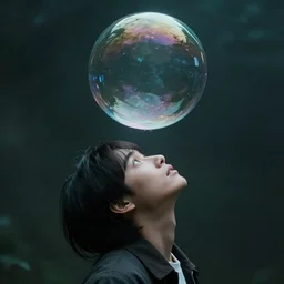 someone dreaming and the dream is manifesting in a bubble floating above them, high quality, cinematic, award winning