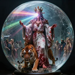 a perfect majestic portrait photograph of a distorted, contorted human monarch standing atop a tiger. saran wrap robes of blood, and a crown of squid engulfing their head. their gaping mouth is blasting colored rays of pure energy into the psyche of their devout disciples. captured in a fractal glass sphere.