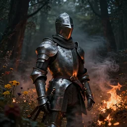 portrait of a knight among flowers in dark forest, surrounded by fire and smoke, moody, rim light, dynamic lighting, cinematic shot, gritty, ultra - detail, renderman, physically based render, jean delville, gustave dore and marco mazzoni