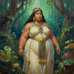 plump aztec scifi princess of the lichen rainforest, wearing a lovely dress. this oil painting by the award - winning mangaka has an interesting color scheme, plenty of details and impeccable lighting.