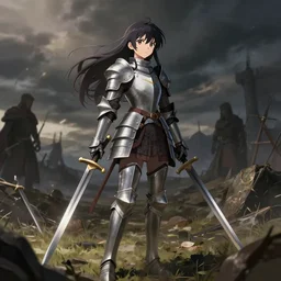 anime visual, girl in knight armor pierced by swords walking on a battlefield in medieval times, dramatic pose, dramatic lighting, dramatic, wlop, rossdraws