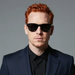 a man wearing black sunglasses and a suit with red hair, portrait by anato finnstark, craig mull