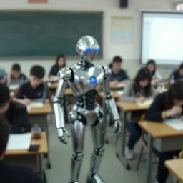 a group photo of futuristic chrome robot in class, by mini dv camera, very very low quality, heavy grain, very blurry, accidental flash, webcam footage, found footage, security cam, caught on trail cam