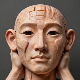 photo of a detailed and intricate arrangement hands and fingers that are in the shape of a face with nose eyes and ears