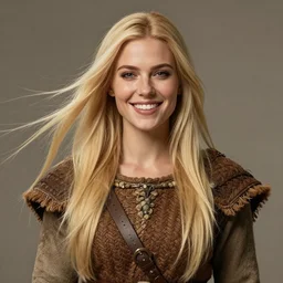 realistic portrait, 30 years old women :: fantasy :: long straight blonde hair, windy, beeing happy, smiling :: attractive, symmetric face :: brown woven medieval clothing, natural materials :: high detail, digital art, RPG, concept art, illustration