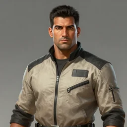 Portrait of a man by Greg Rutkowski, he is about 30 years old, mixture between persian, indian and texan, wide forehead, short black hair, manly, attractive, strong and burly, he is wearing a utilitarian beige and black jumpsuit, highly detailed portrait, scifi, digital painting, artstation, concept art, smooth, sharp foccus ilustration, Artstation HQ