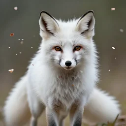 a white fox with long hairs and flowers in them, flower petals flying around in the background, art by James Jean and Wayne Barlowe, high detail, cinematic, cgsociety 8k